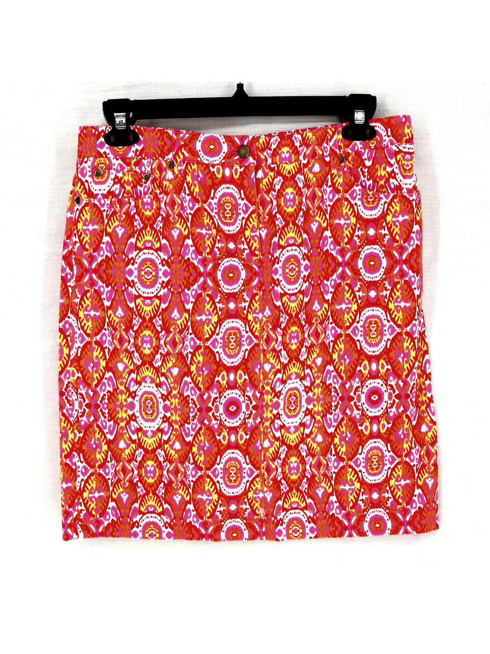 Jones NY Sport Skirt Womens 10 Pink Orange White Ikat Stretch Denim Whimsy Beach